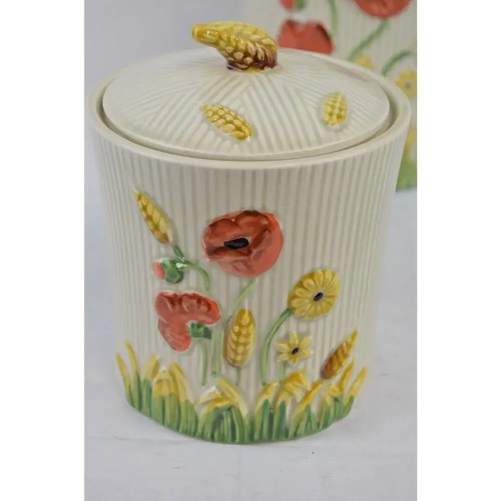 Vintage Lefton Poppy Garden Ceramic Canisters Set 2 Japan Floral Wheat Jars